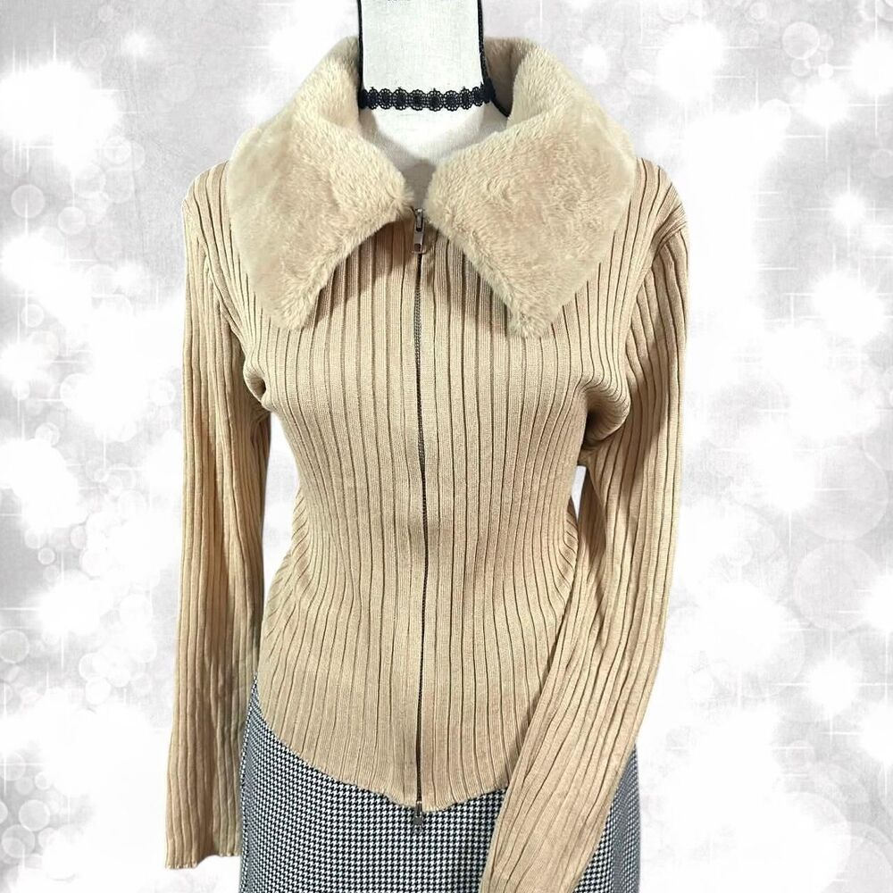 Luxury Style Creamy Beige Faux Fur Collar Y2K Jacket